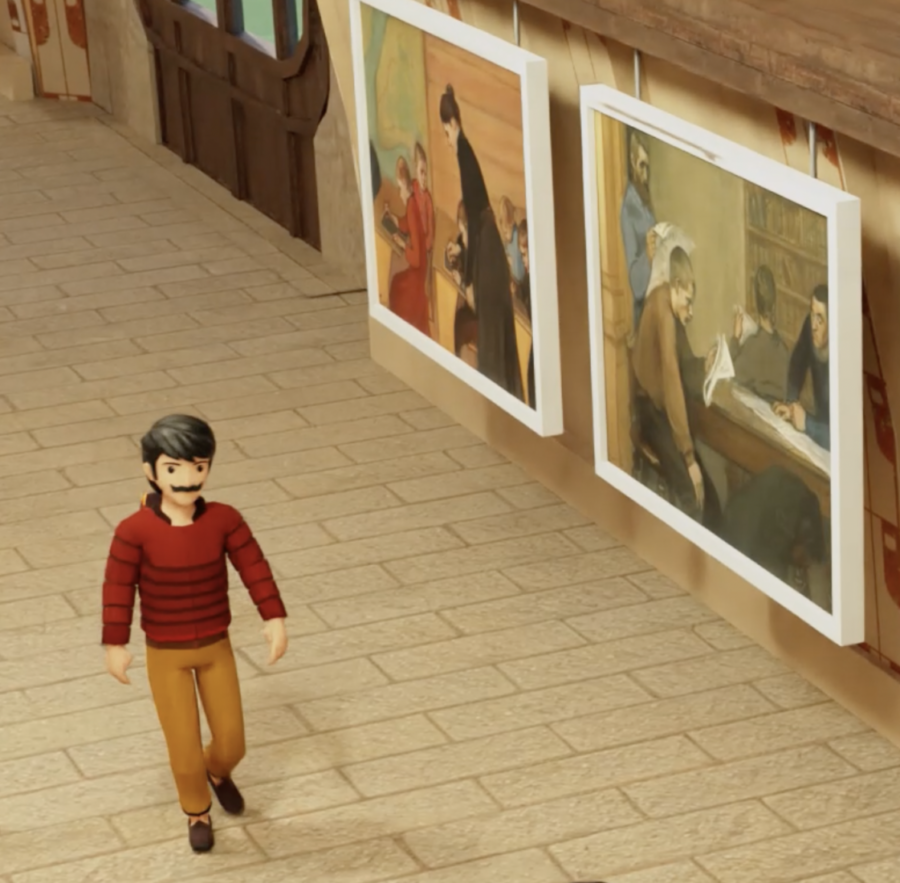 Punapaitainen avatar kellertävissä housuissa astelee teosten edustalla paviljongissa. Taustalla näkyy teoksia ripustettua seinälle, joissa näkyy ihmishahmoja maalauksina.